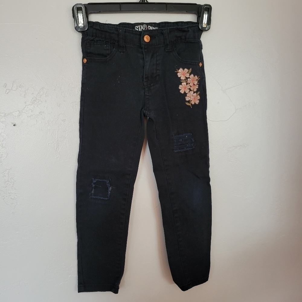 Star Ride Black Skinny Jeans Girls 5 Distressed Patched Floral Embroidery